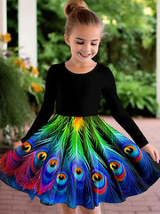 Peacock Tail Print Long Sleeve Crew Neck Dress For Girls