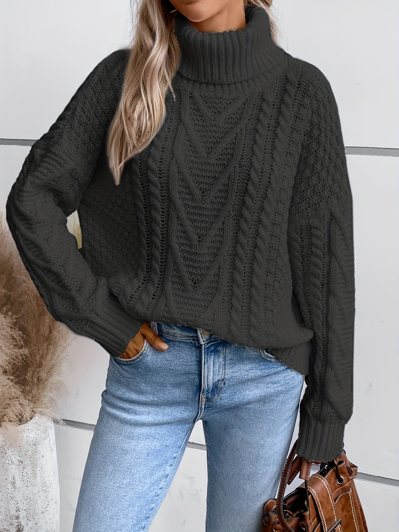 Solid Turtle Neck Pullover Sweater Long Sleeve Casual Winter Women's Clothing