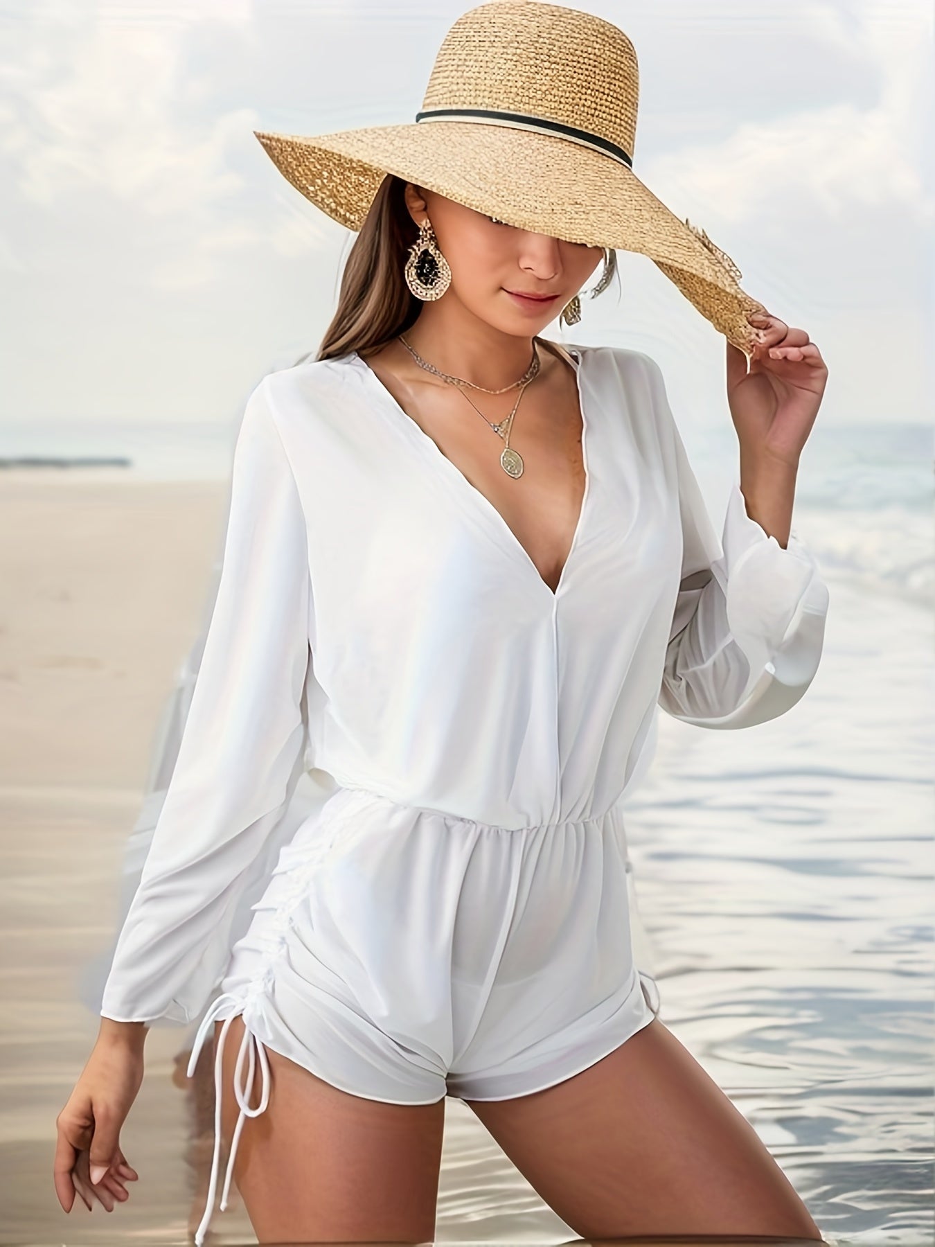 V Neck Cover Up Jumpsuit Drawstring Beachwear