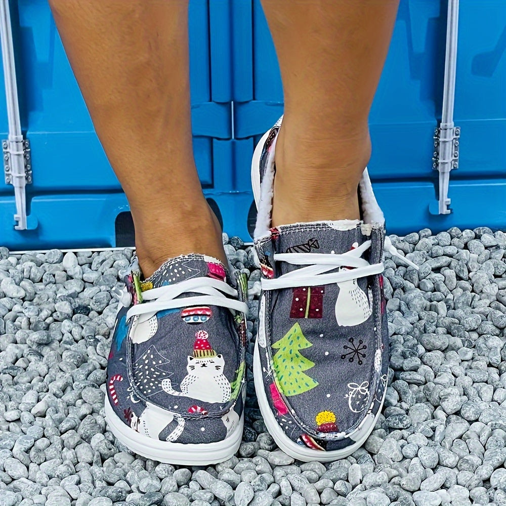 Women's Christmas Tree & Cat Pattern Flat Canvas Shoes