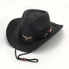 Vintage Cow Head Belt Straw Hat Cowboy Hat