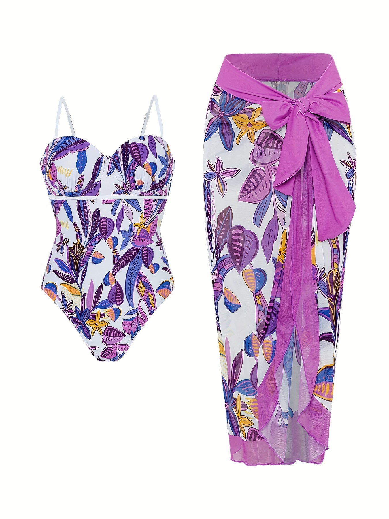 Floral & Leaf Print One Piece Bathing Suit Set