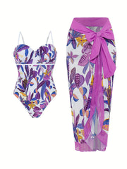 Floral & Leaf Print One Piece Bathing Suit Set