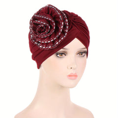 Round Rhinestone Flower Turban Beanie Head Scarf Chemo Cap