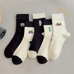 5 Pairs Bear Pattern Socks for Women, Comfy & Mid Tube Stockings