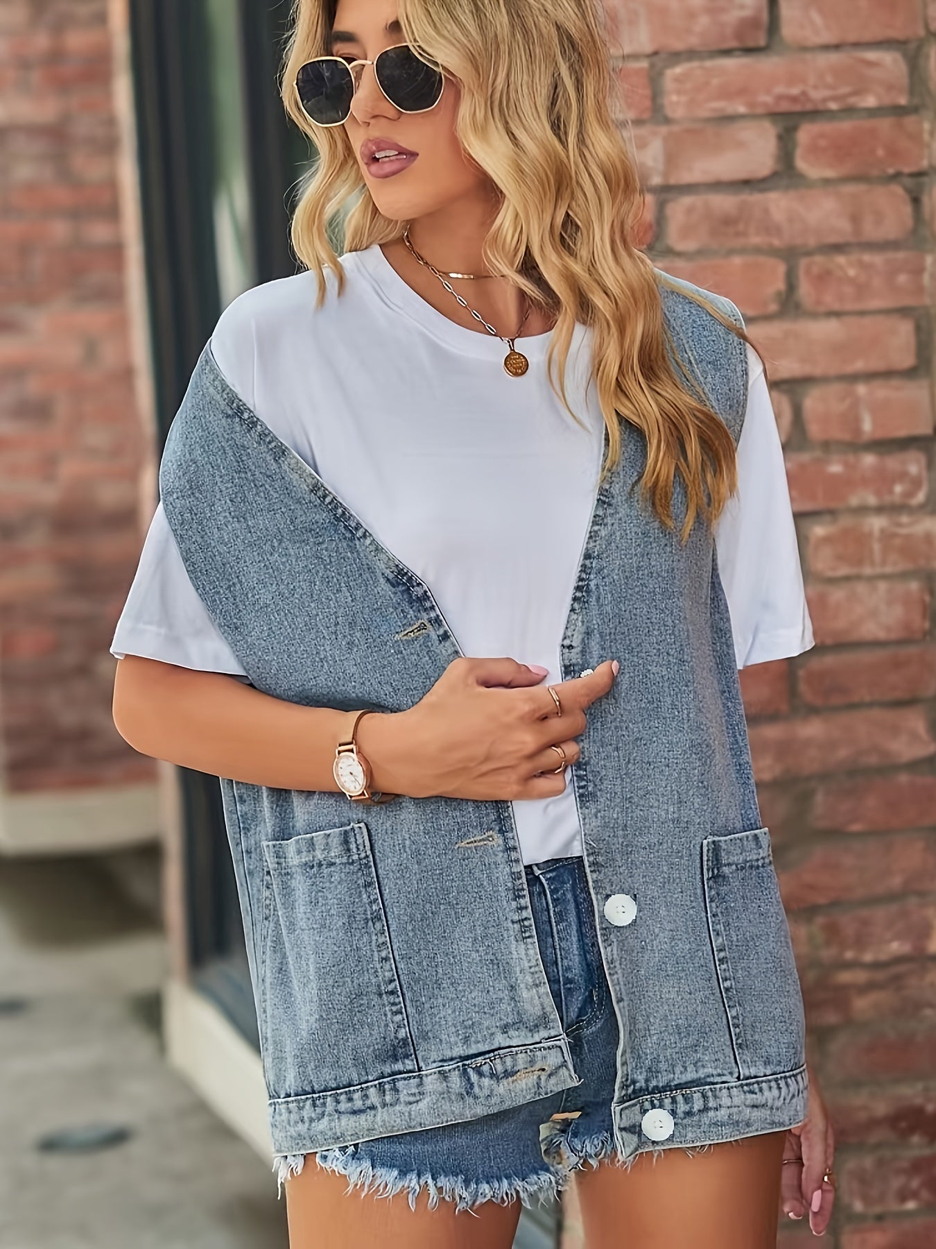 Sleeveless Denim Waistcoat Patch Pocket Button Loose Casual Denim Vest