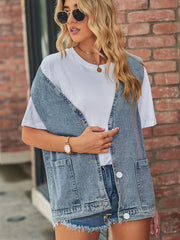 Sleeveless Denim Waistcoat Patch Pocket Button Loose Casual Denim Vest