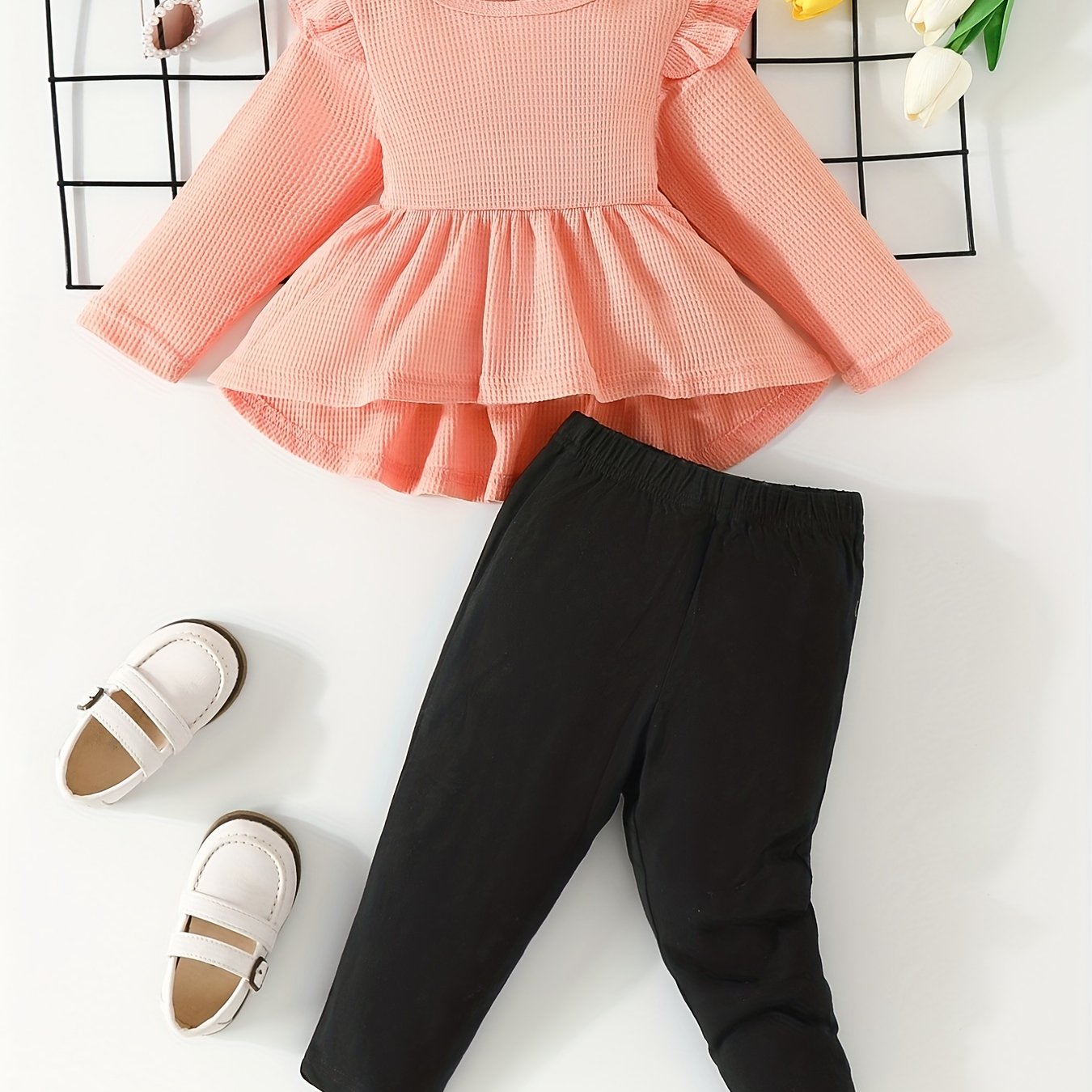 Baby Girls Cartoon Ruffled Ribbed Peplum Top & Pants Set