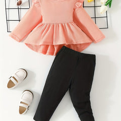 Baby Girls Cartoon Ruffled Ribbed Peplum Top & Pants Set