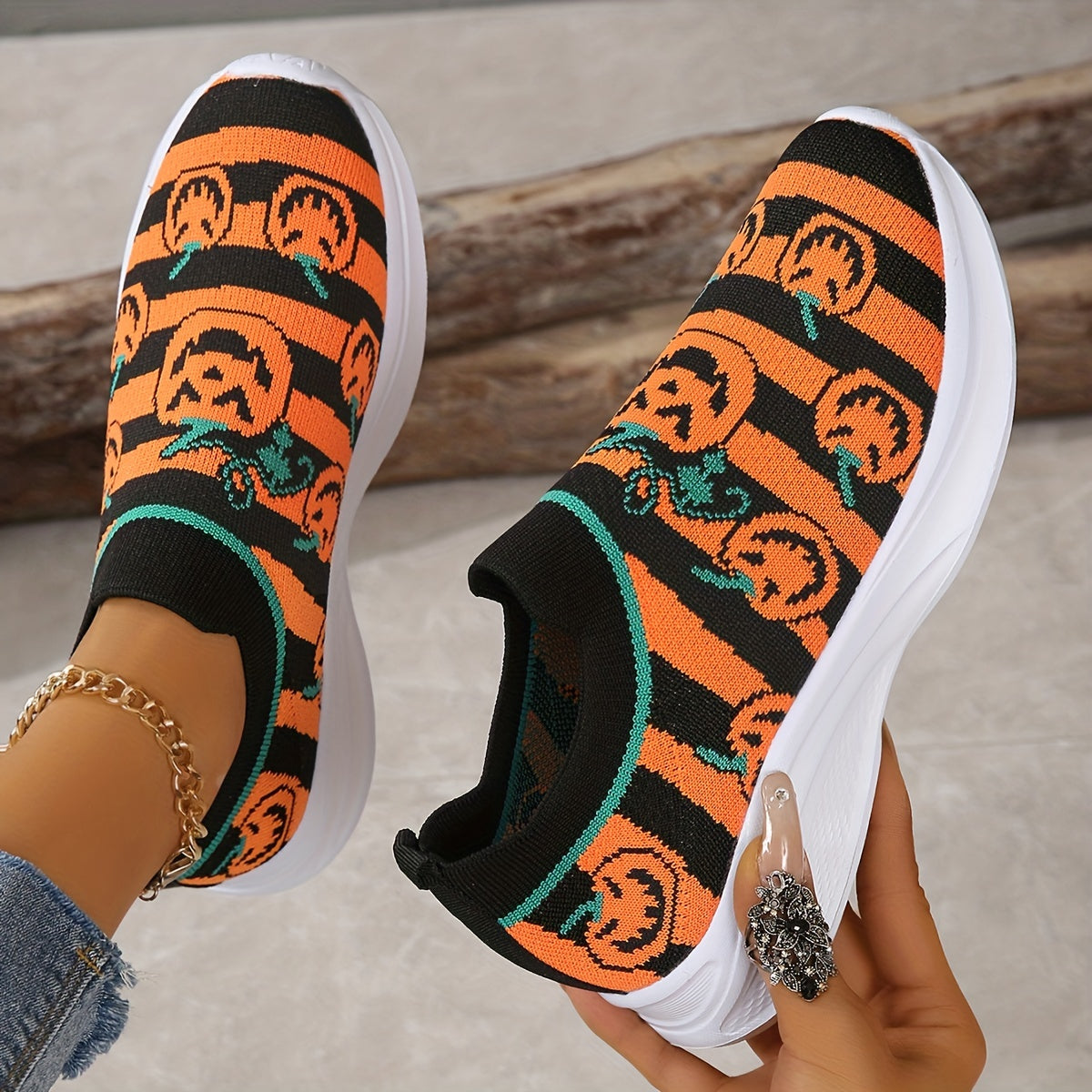 Women's Ghost Face Pumpkin Pattern Shoes Halloween Slip On Low Top Sock Sneakers