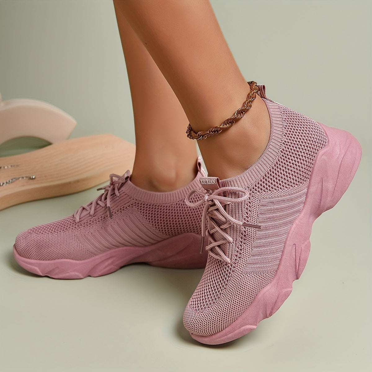 Women's Chunky Knit Sneakers Lace Up Low Top Shoes