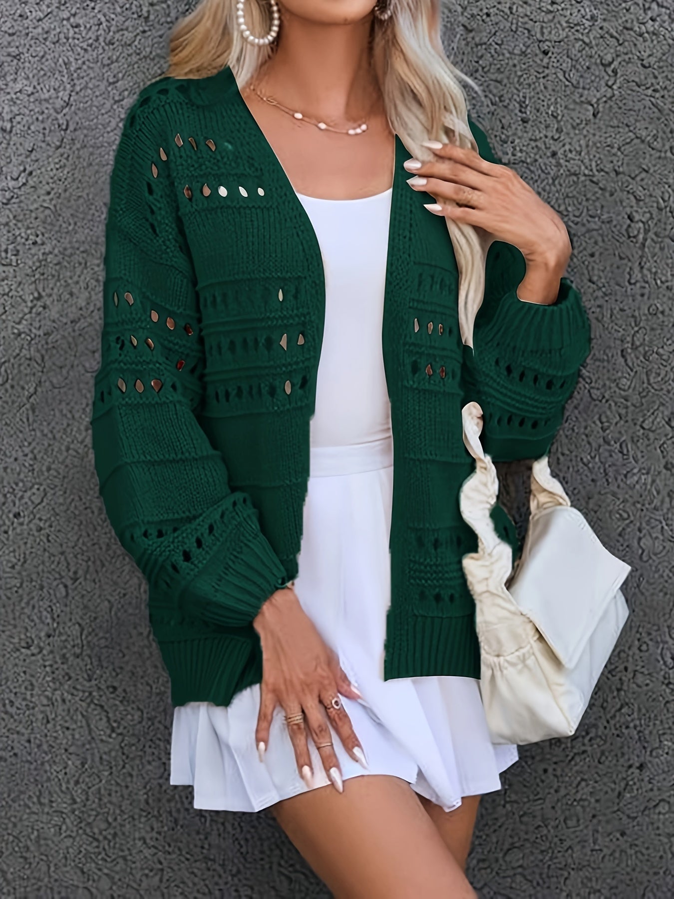 Casual Cardigan Women's Plus Solid Pointelle Knit Hollow Out Long Slee