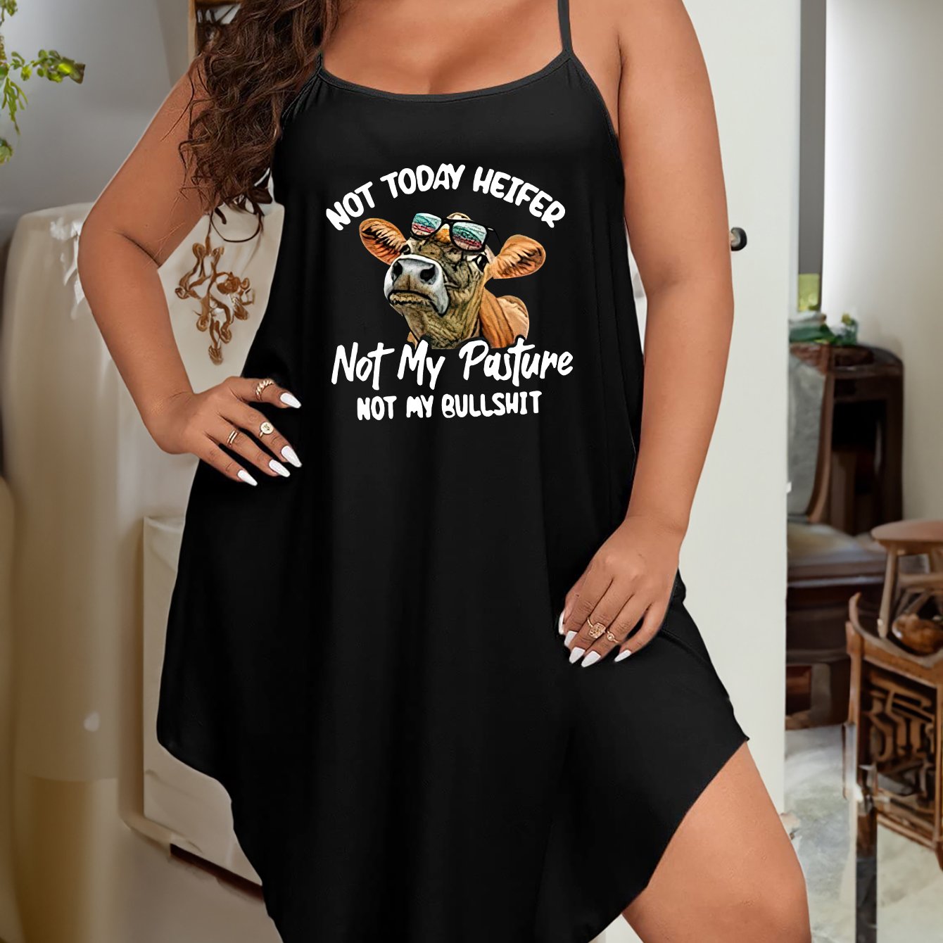 Sexy Lounge Dress Women's Plus Cow & Slogan Print