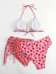 Bikini Set Women's Strawberry Print 3pcs Bikini Set