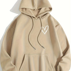 Heart Print Drawstring Hoodie Casual Long Sleeve Kangaroo Pockets Women