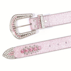 Pink Glitter Skull Belt Punk Rhinestone Decor Rivet Belt