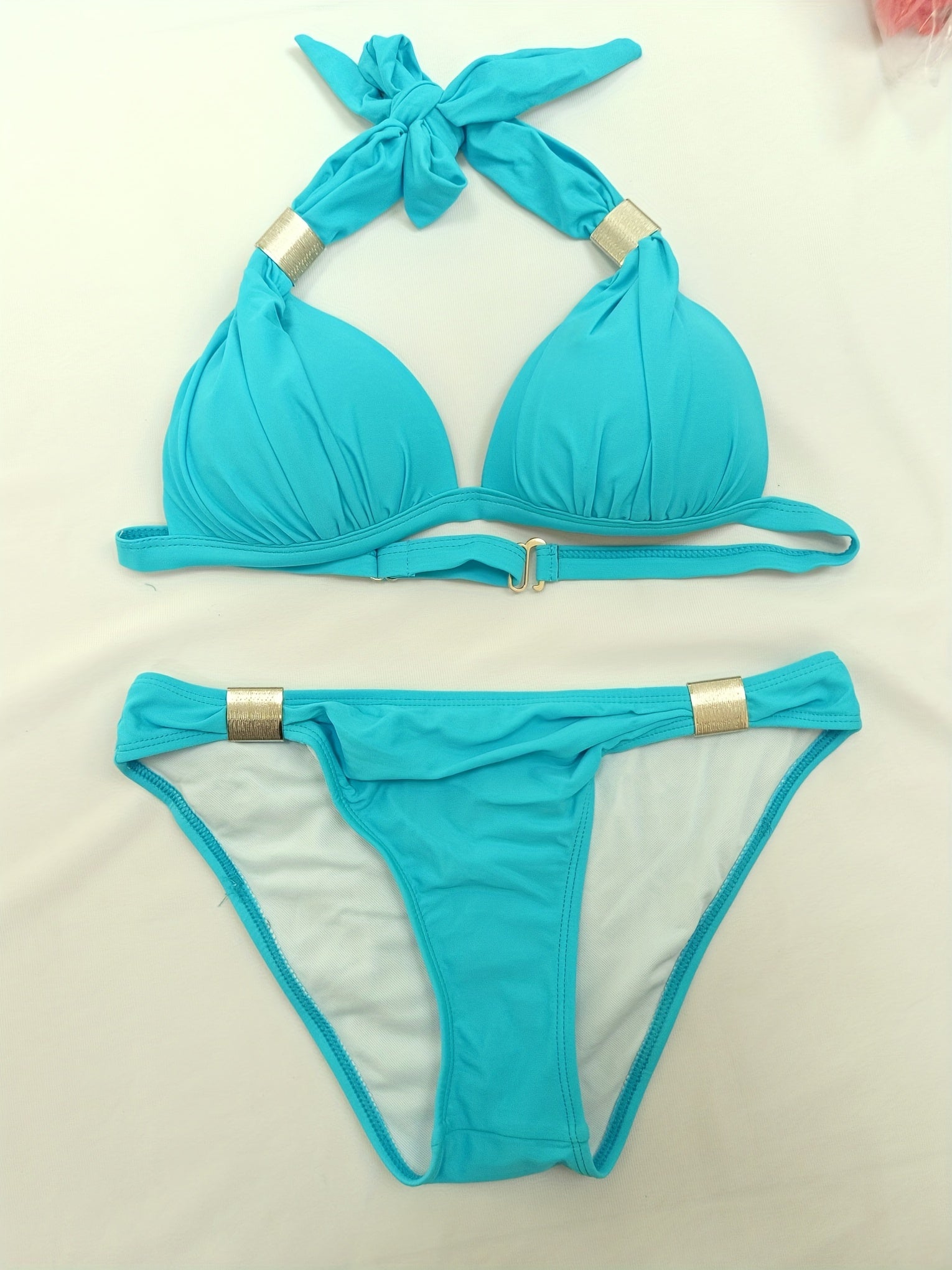 Metal Decor Halter Neck Bikini Set High Cut Swimsuit