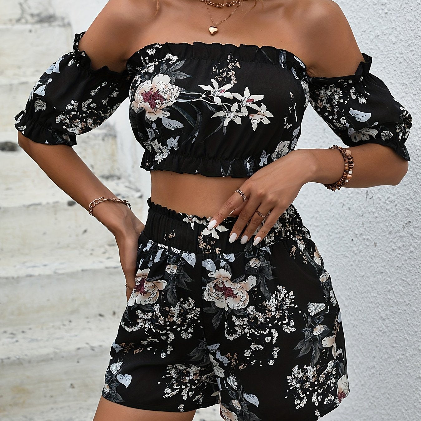 Floral Print Off Shoulder Crop Top & Elastic Shorts Set Women's Clothing