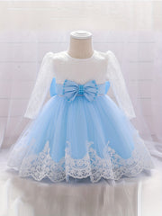 Bow Princess Gown Dress Girls Long Sleeve Lace Floral Stitching One Year's Dress