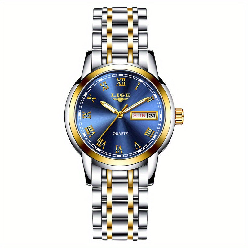 LIGE Golden Watch Ladies Steel Bracelet Waterproof Clock