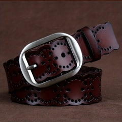 Vintage Leather Flower Belt Oval Buckle Waistband