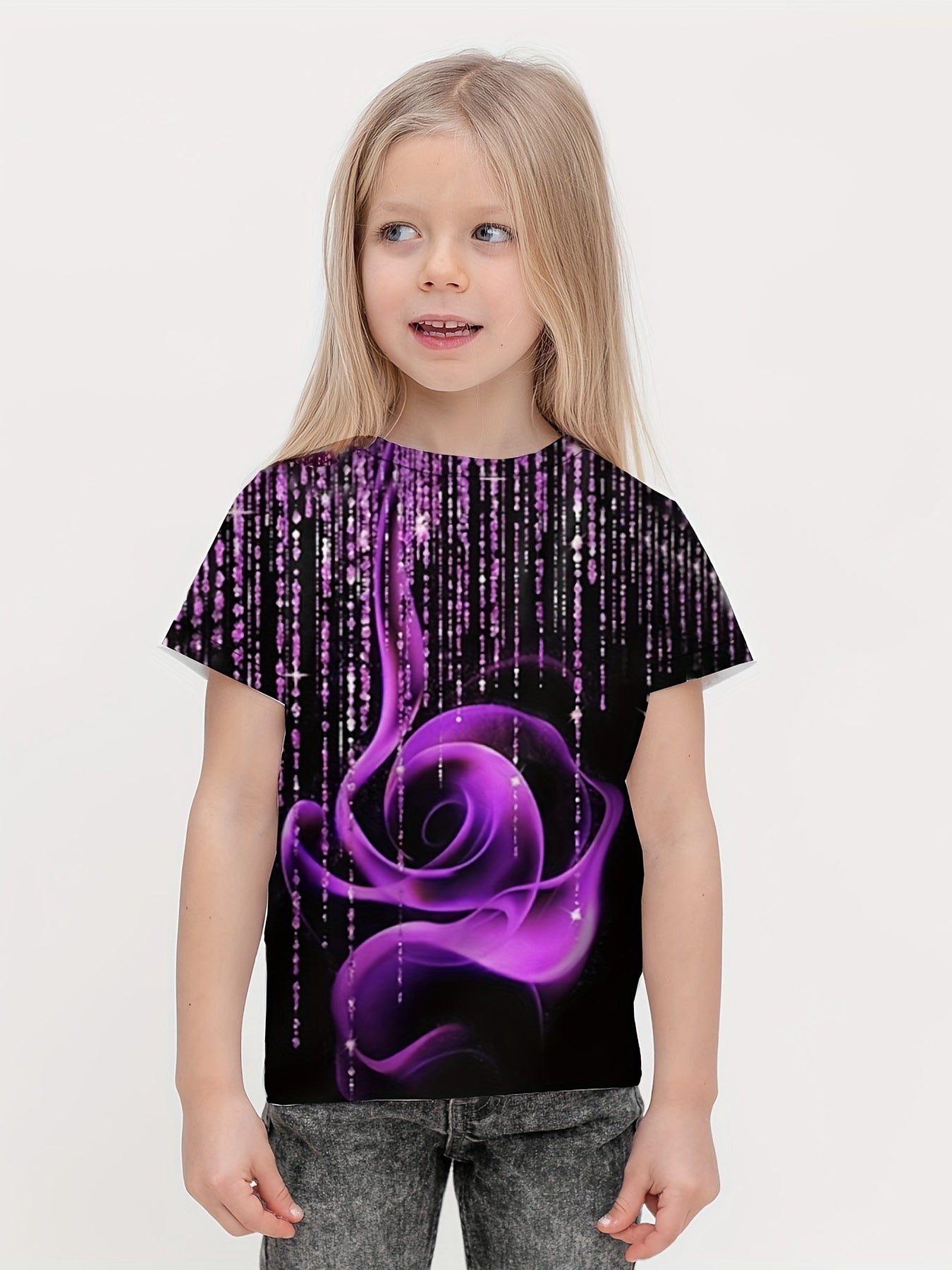 3D Flower Graphic Crew Neck Tee for Girls - Summer Wear