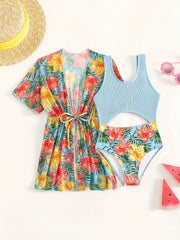 Girl's Tropical Plant Print Tankini Swimsuit & Cover Up