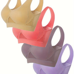 4 Pack Plus Size Sports Bra Set Women's Plus Breathable Mesh Hole Wireless Yoga