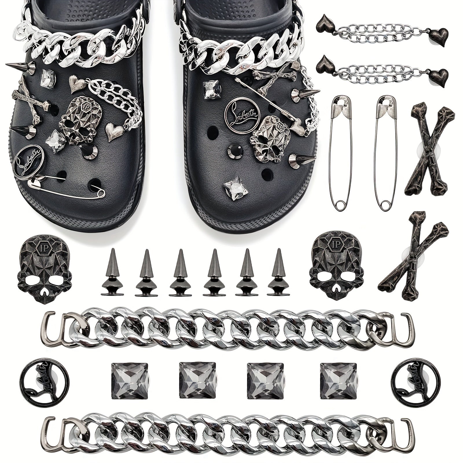 22pcs Punk Metal Rivets Shoe Charms with Chain - Pointed Toe Charms Accessories