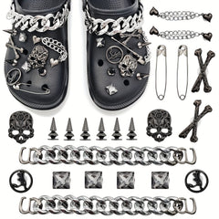 22pcs Punk Metal Rivets Shoe Charms with Chain - Pointed Toe Charms Accessories