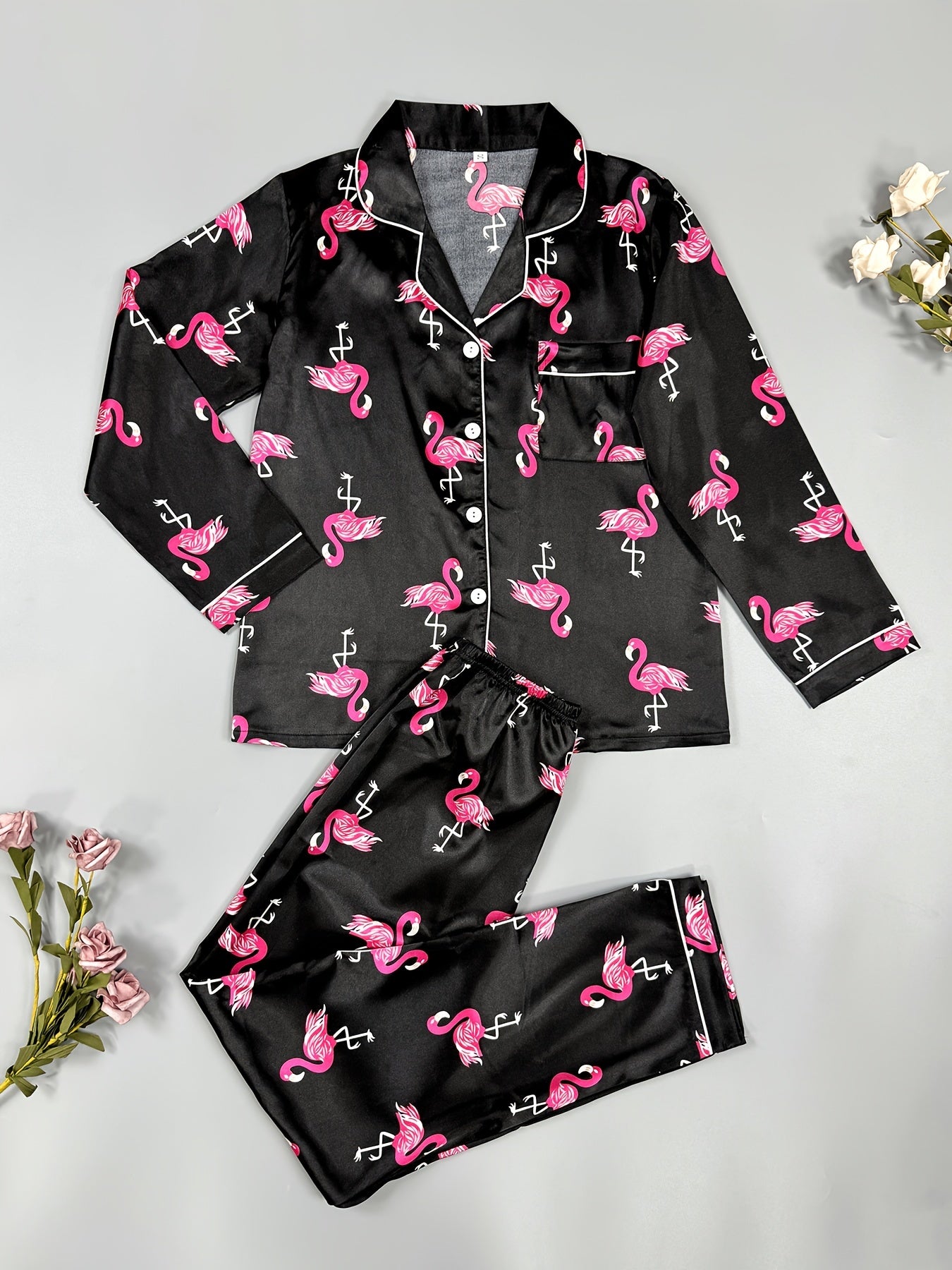 Flamingo Print Pajama Set Long Sleeve Top & Pants Women's Sleepwear