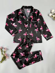 Flamingo Print Pajama Set Long Sleeve Top & Pants Women's Sleepwear