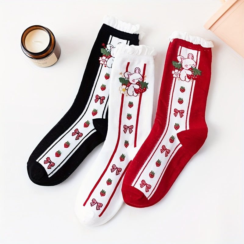 3 Pairs Bunny Print Socks Cute & Ruffle Women's Stockings