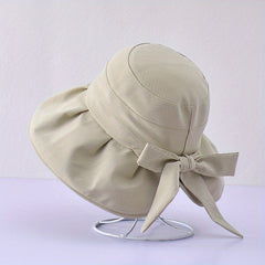 Bowknot Pleated Bucket Hat Wide Brim Sunscreen Beach Hat For Women