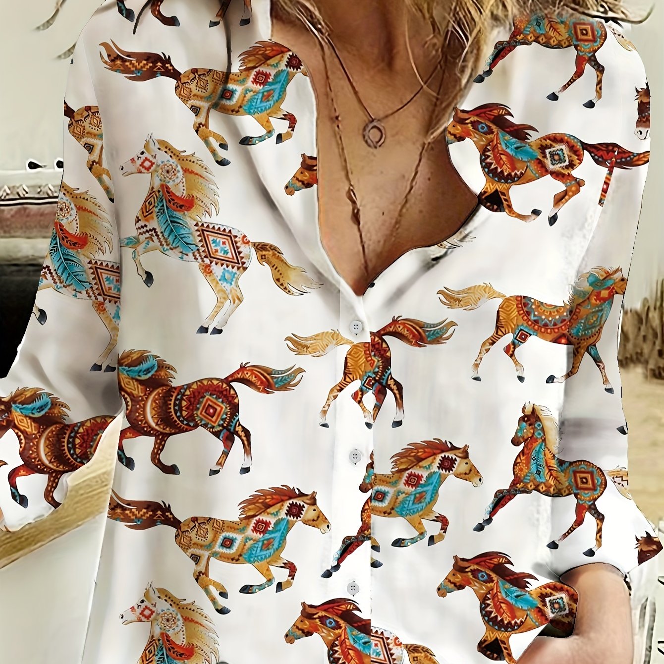 Horse Print Button Up Long Sleeve Blouse