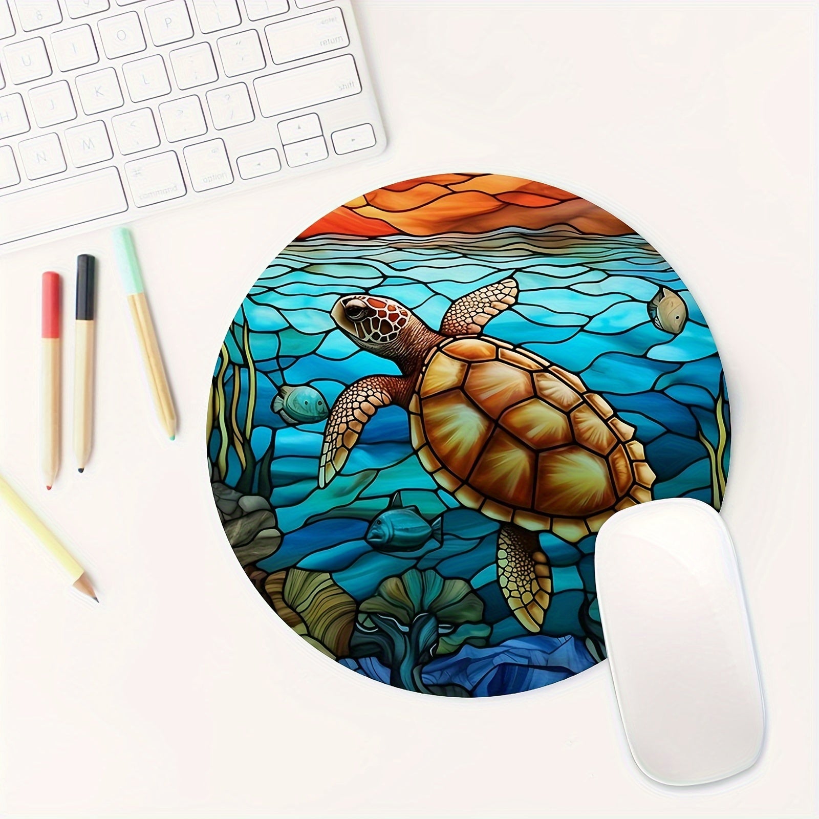 Stained Glass Sea Turtle Round Mouse Pad - Non Slip Rubber Base