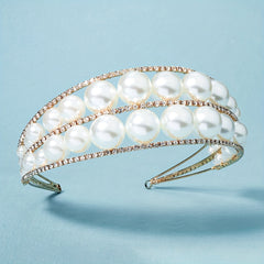 Wide Brim Headband Rhinestone Bride Crown Set 2 Tiers Pearl Hair Band