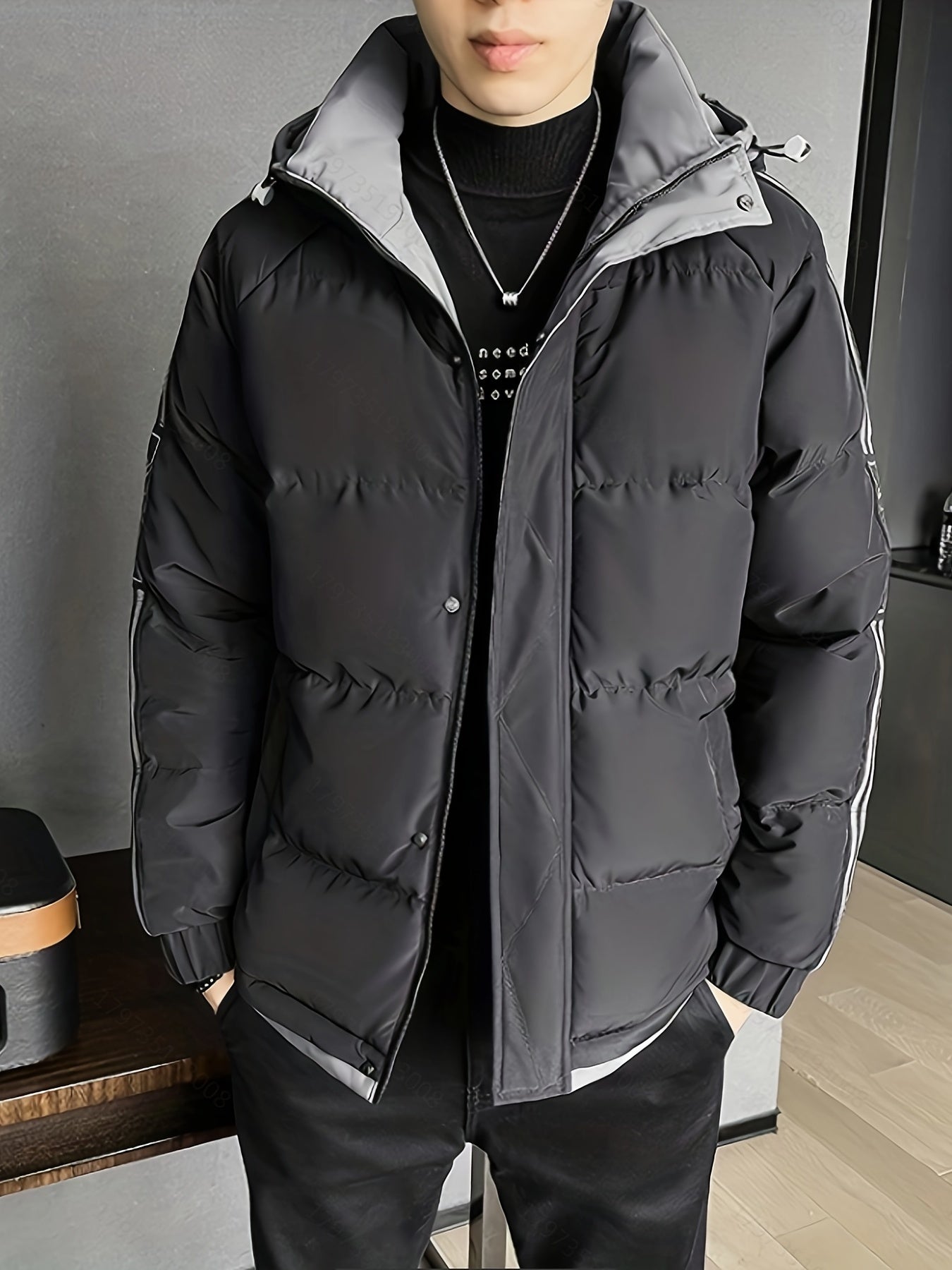 Men's Warm Hooded Zip Up Cotton Padded Jacket for Fall Winter