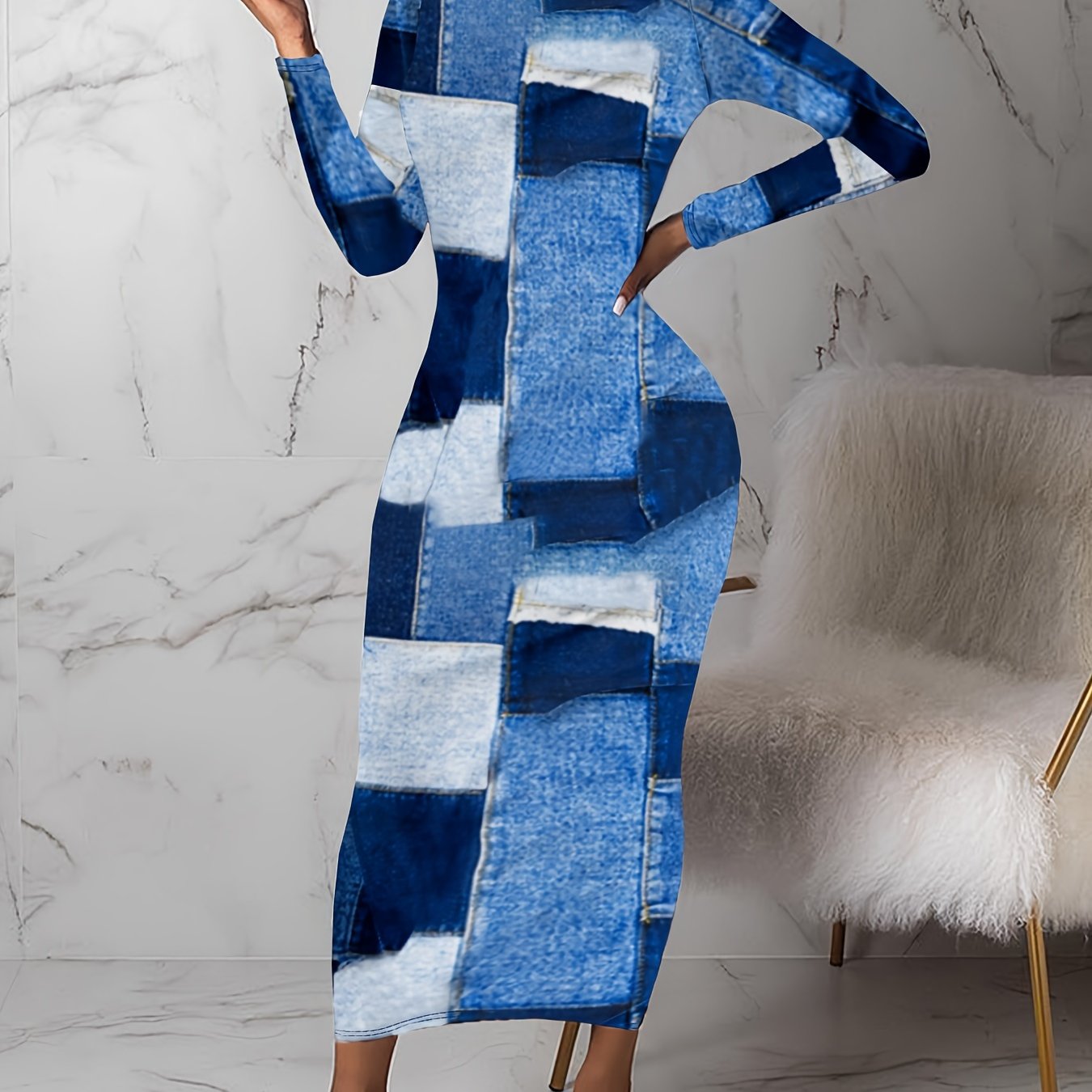 Denim Print Long Sleeve Round Neck Maxi Slim Fit Dress