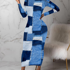Denim Print Long Sleeve Round Neck Maxi Slim Fit Dress