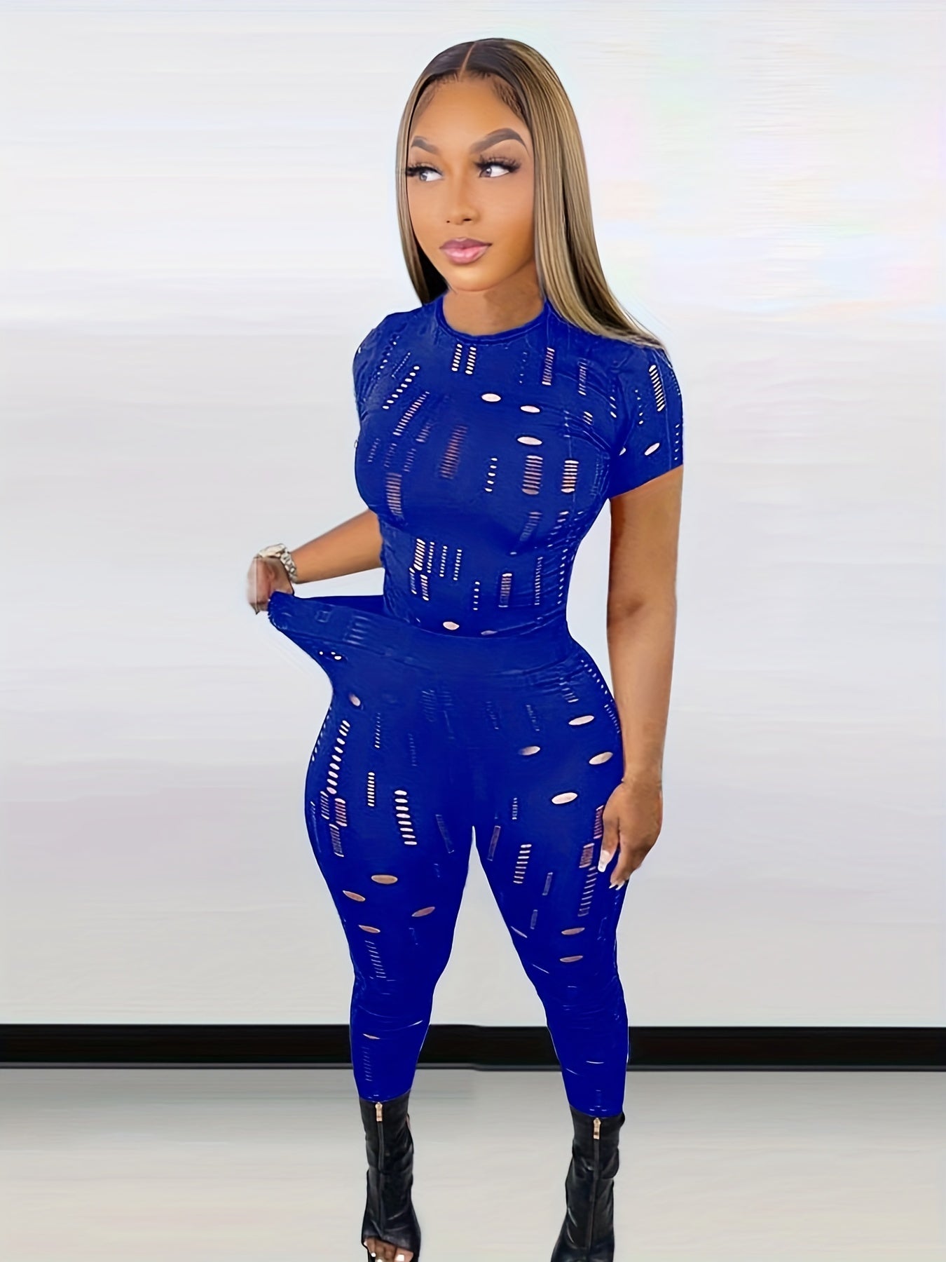 Solid Ripped Two piece Set Crew Neck Short Sleeve Tops & Slim Pants Outfits