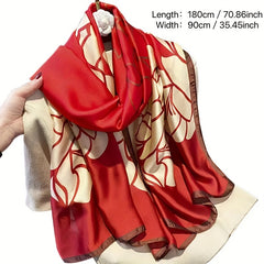 Red Big Flower Print Scarf Block Satin Shawl Silk Head Wrap