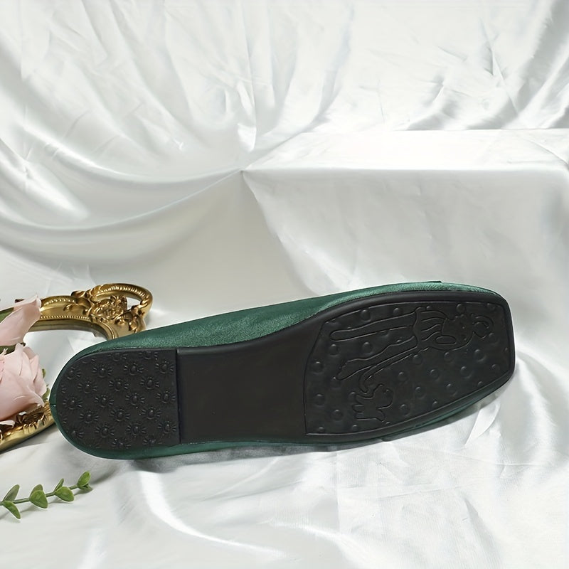 Faux Pearl Bow Ballet Flats Square Toe Slip On Satin Wedding Shoes