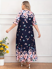 Plus Floral & Butterfly Print Half Sleeve V Neck Maxi Dress