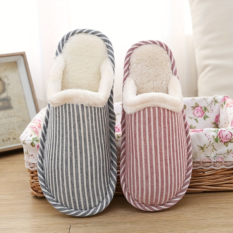 Plush Lined Striped Slippers Warm Flat Shoes Home Fuzzy Slippers