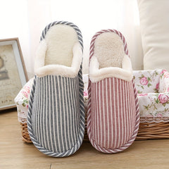 Plush Lined Striped Slippers Warm Flat Shoes Home Fuzzy Slippers