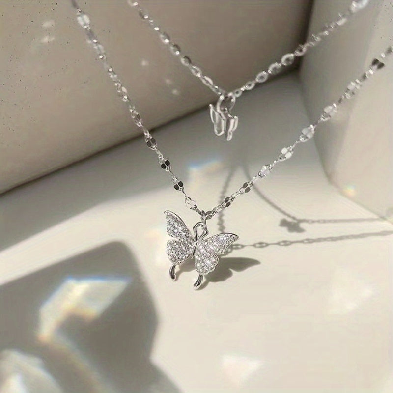 Double Layer Butterfly Pendant Necklace Girls Accessories