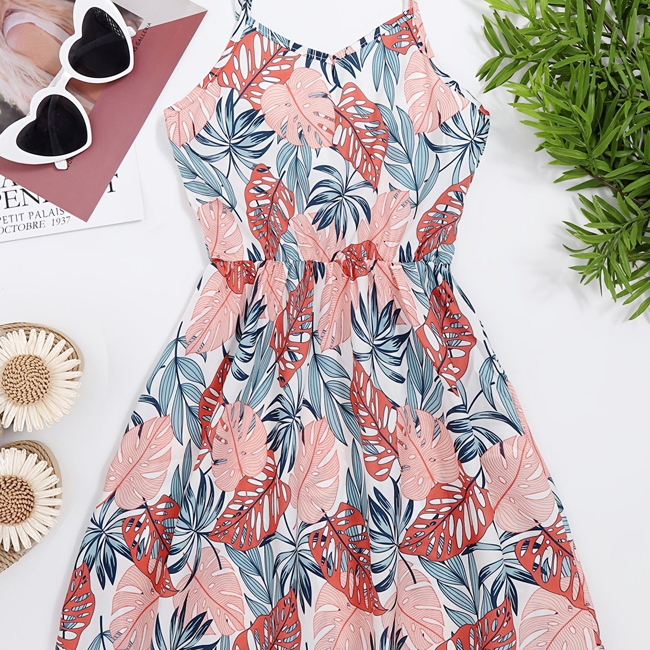 Girls Tropical Leaves V-neck Cami Dress for Party Holiday