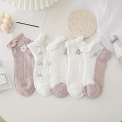 5 Pairs Floral Print Ankle Socks Ruffle Trim No Show Stockings