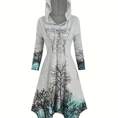 Gothic Graphic Print Hooded Dress Long Sleeve for Women